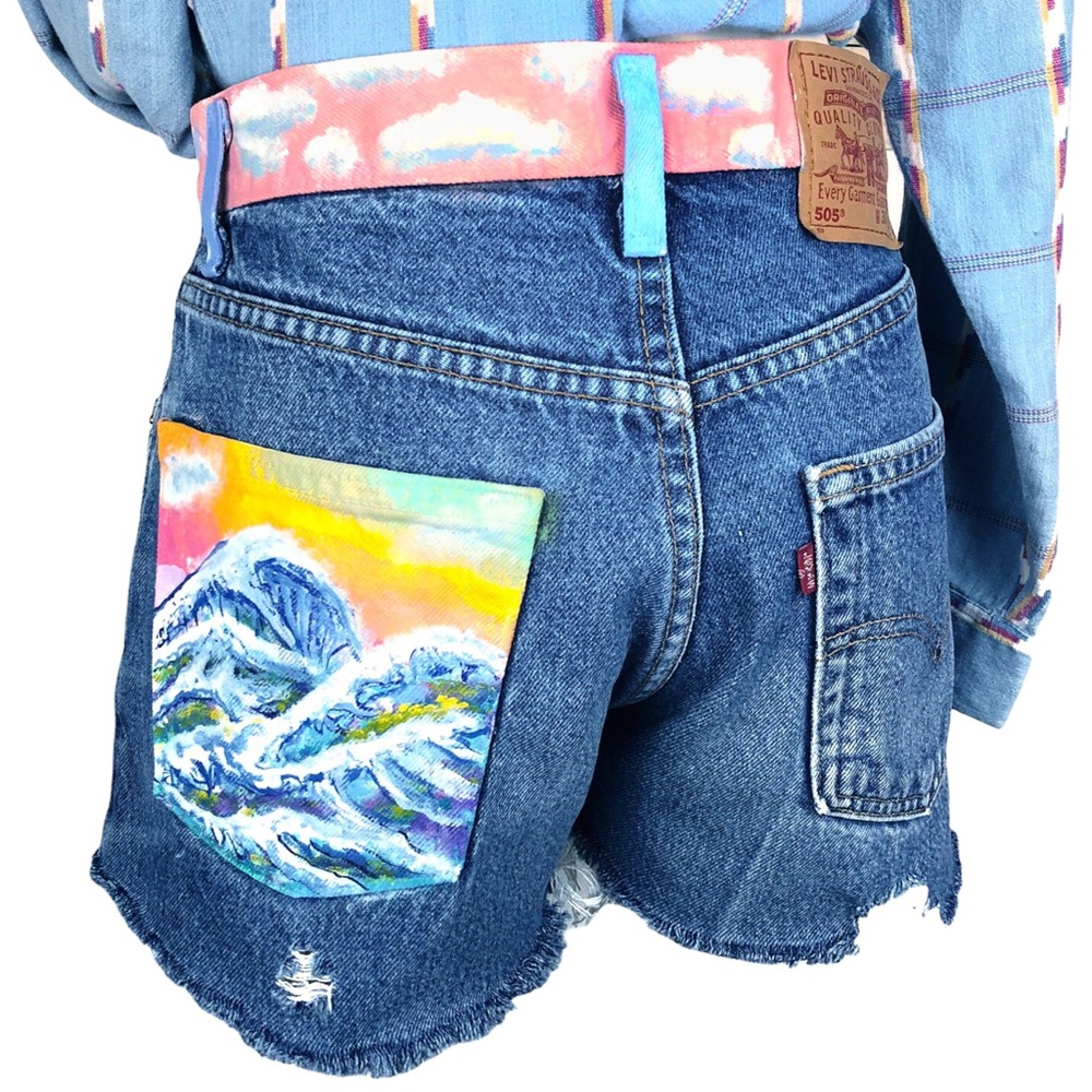 Levi’s 505 DIY Distressed Cutoff Hand Painted Rainbow Cloud Denim Jean Shorts